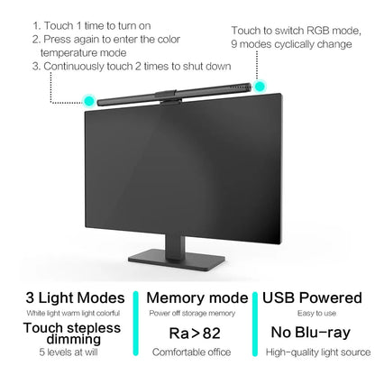RGB Stepless Dimming LED Monitor Light Bar Eye Protection for Computers Laptops Work Study Game Screen Hanging