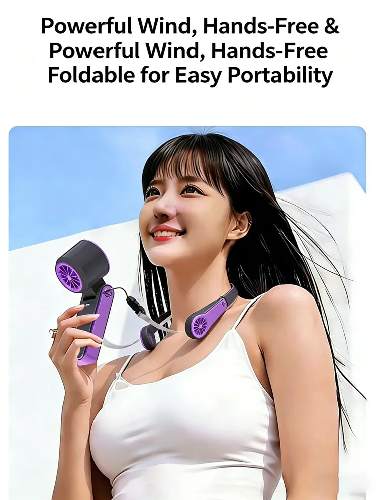 2026 New RGB Light Mini Handheld Fan Hanging Neck Outdoor 180 Degree Folding Desktop Folding High-speed Powerful Portable Fan