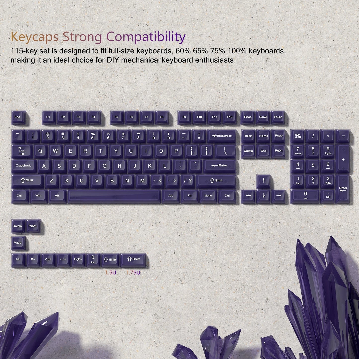 115 Keys Purple Transparent Clear Keycaps Crystal Ceramic PC Keycap RGB Shine Through Key cap MDA Profile for MX Switch Keyboard