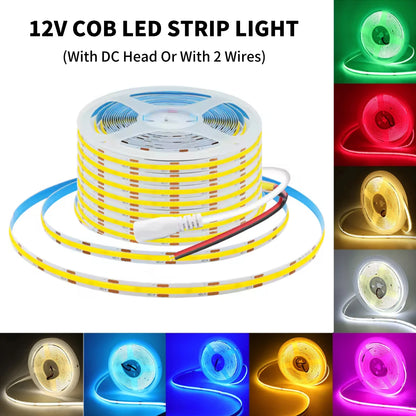 8mm PCB COB LED Strip Light With DC Head 12V 320LEDs/m High Brightness Flexible Tape Warm Natural White Red Green Blue 0.5m 5m