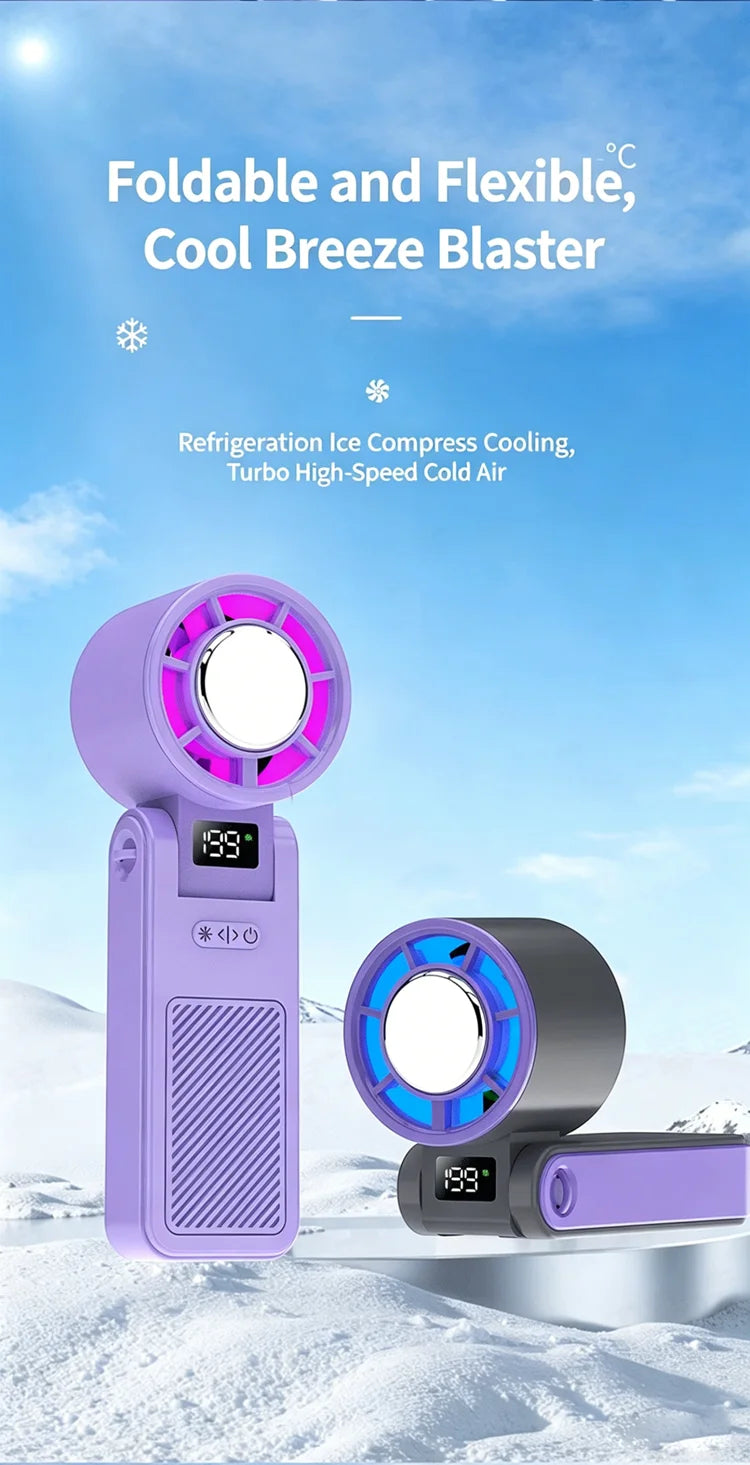 2026 New RGB Light Mini Handheld Fan Hanging Neck Outdoor 180 Degree Folding Desktop Folding High-speed Powerful Portable Fan