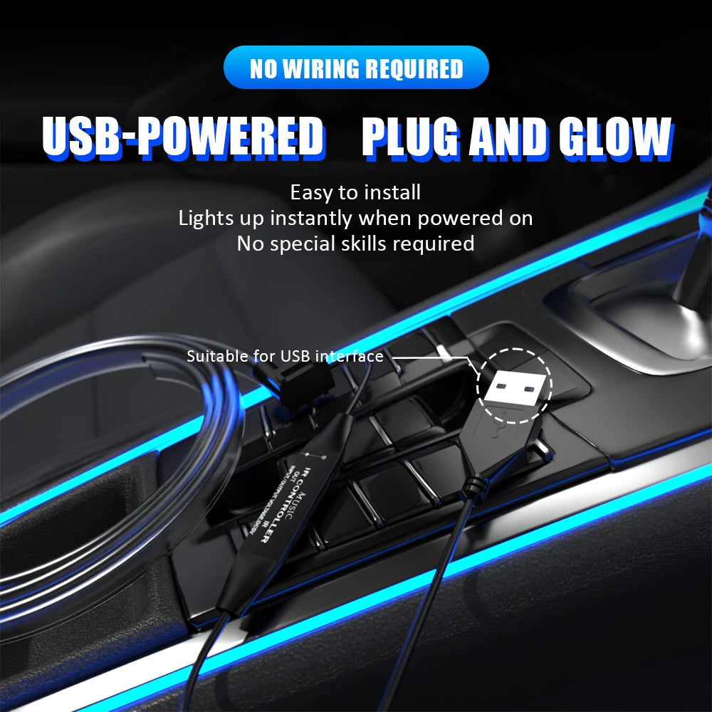 RGB Automobile interior ambient lighting 1M2M3M4M5M Remote control neon lights Voice control USB Fiber Optic Atmosphere Lamp
