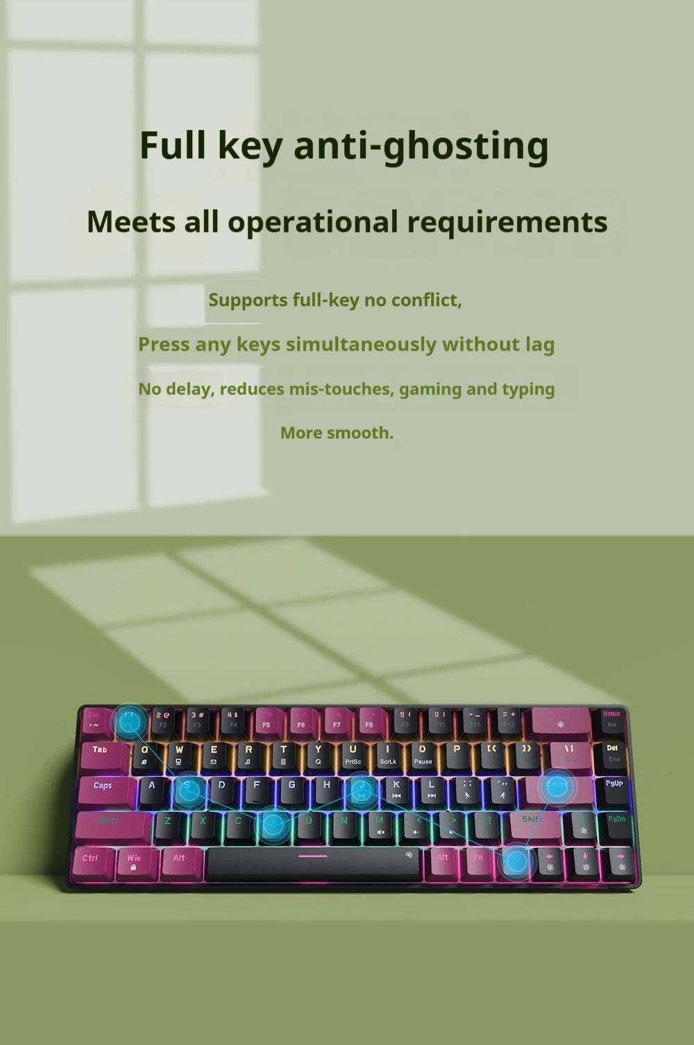 Compact Wired Gaming Mechanical Keyboard 68-Key Hot-Swappable 65% Layout LED Backlight OEM Keycaps  Support for PC
