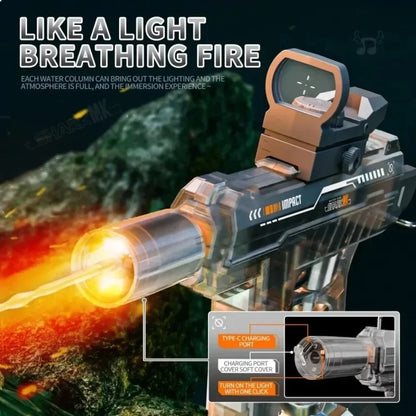 UZI Electric Water Gun with LED Light Recoil Long Range Continuous Shooting Water Blaster Summer Beach Outdoor Toy for Kids