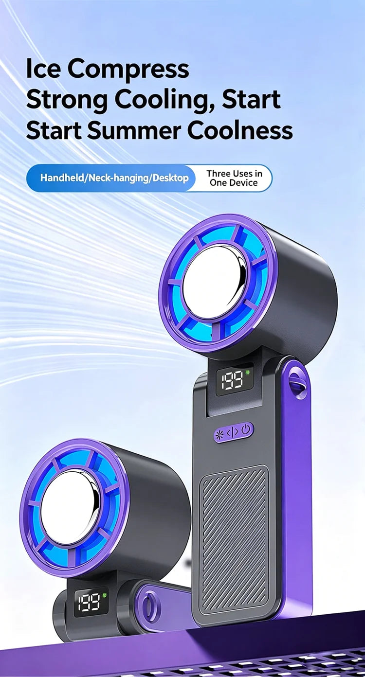 2026 New RGB Light Mini Handheld Fan Hanging Neck Outdoor 180 Degree Folding Desktop Folding High-speed Powerful Portable Fan