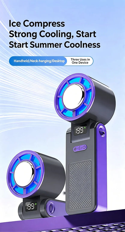 2026 New RGB Light Mini Handheld Fan Hanging Neck Outdoor 180 Degree Folding Desktop Folding High-speed Powerful Portable Fan