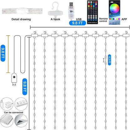 Smart LED Curtain Lights, 3mx3m 300Leds USB String Lights with Bluetooth App Timer ,Music Sync Christmas Curtain String Outdoor