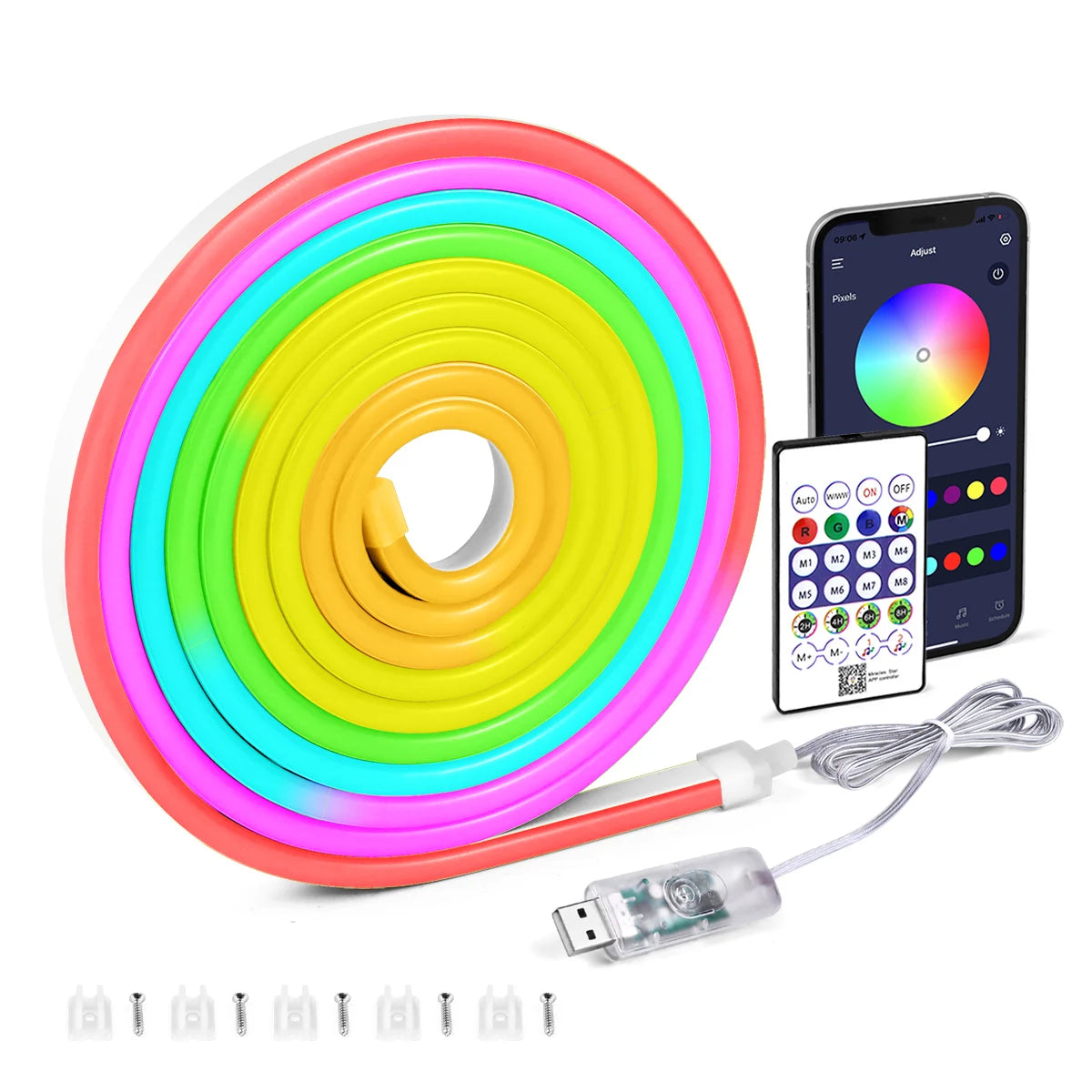 Smart RGBIC LED Neon Strip With Bluetooth App & Remote Control, 5V USB, IP67 Waterproof, Music Sync, Time Setting For Home Decor