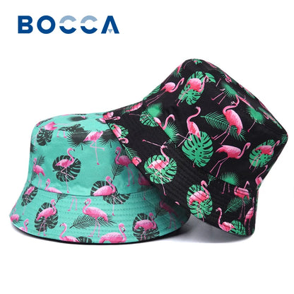 Bocca Flamingo Printing Bucket Hat Coconut Trees Printing Pattern Fisherman Hats Double Sides Panama Cap Summer Cap Hot Selling