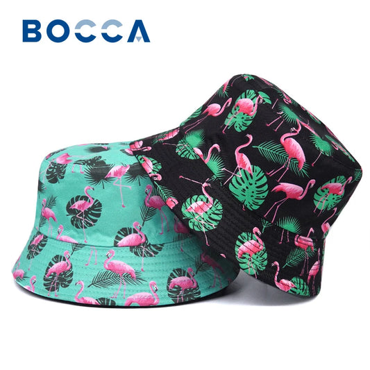 Bocca Flamingo Printing Bucket Hat Coconut Trees Printing Pattern Fisherman Hats Double Sides Panama Cap Summer Cap Hot Selling