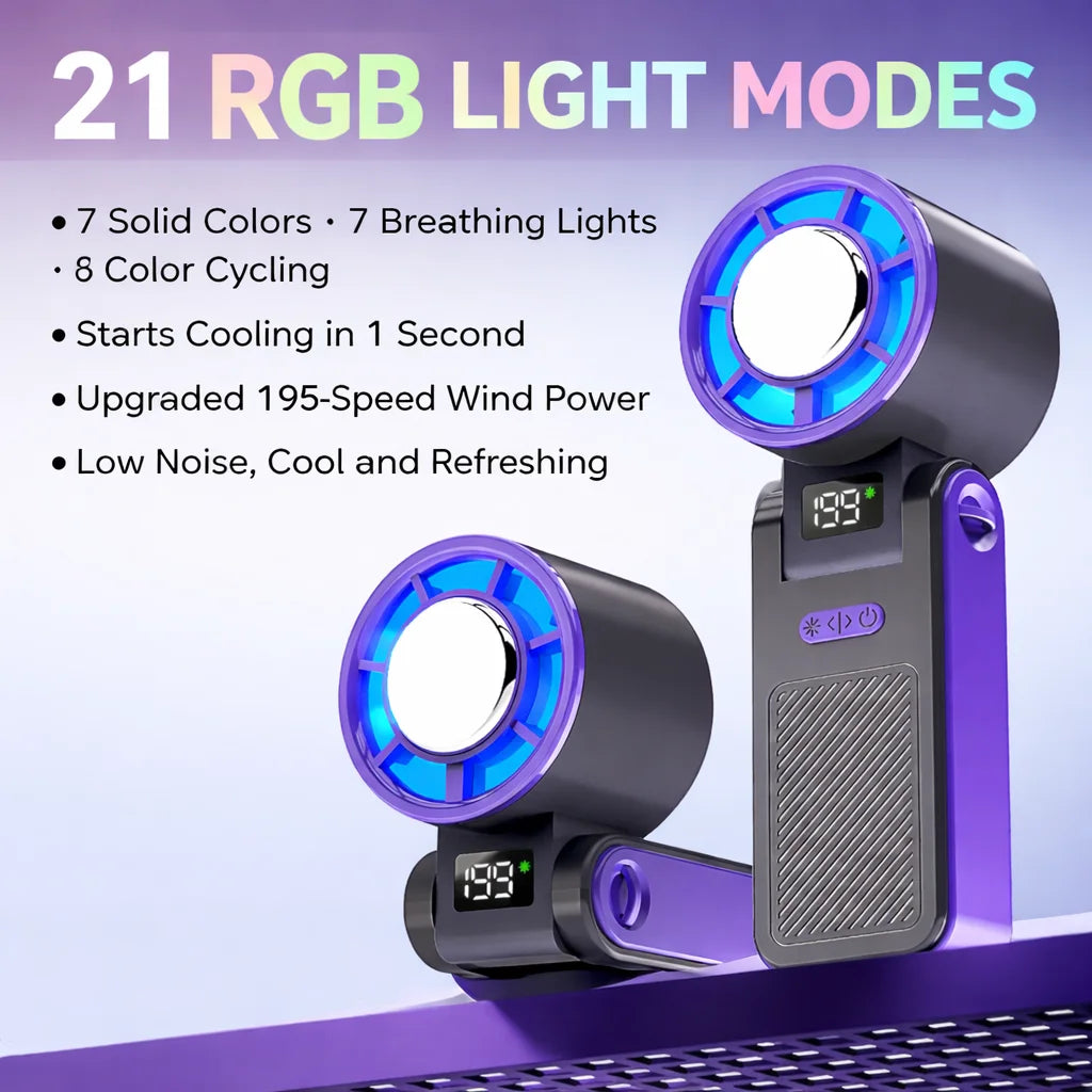 2026 New RGB Light Mini Handheld Fan Hanging Neck Outdoor 180 Degree Folding Desktop Folding High-speed Powerful Portable Fan