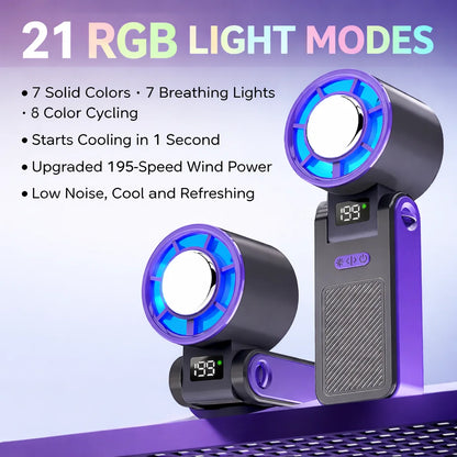 2026 New RGB Light Mini Handheld Fan Hanging Neck Outdoor 180 Degree Folding Desktop Folding High-speed Powerful Portable Fan
