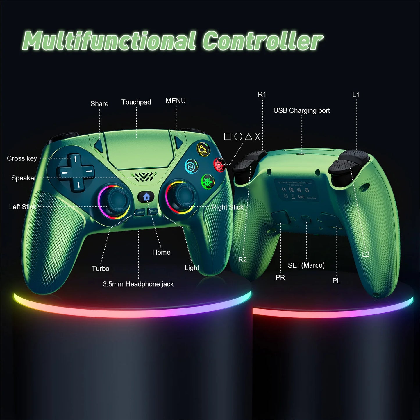 RGB Light Controller For PlayStation 5/PS5 Pro/Slim/PC Wireless Gamepad Marco/Turbo NO Drift Hall Effect Gaming Control Joystick