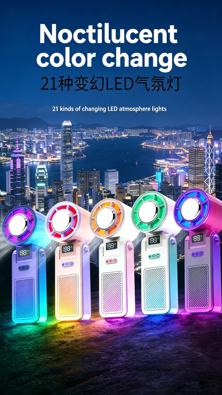 2026 New RGB Light Mini Handheld Fan Hanging Neck Outdoor 180 Degree Folding Desktop Folding High-speed Powerful Portable Fan
