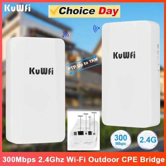 KuWFi 300Mbps 2.4Ghz CPE Bridge Outdoor Wireless WiFi Signal Extender PTP PTMP Up to 1KM 24V POE AP Repeater Mode for IP Camera