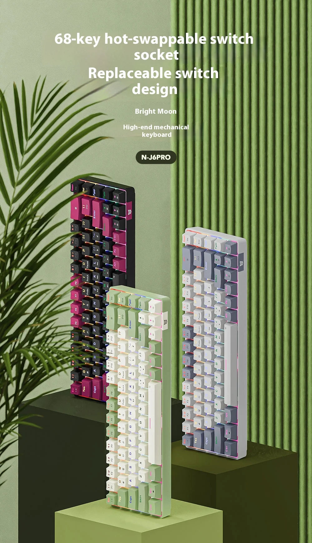 Compact Wired Gaming Mechanical Keyboard 68-Key Hot-Swappable 65% Layout LED Backlight OEM Keycaps  Support for PC