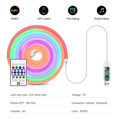 Smart RGBIC LED Neon Strip With Bluetooth App & Remote Control, 5V USB, IP67 Waterproof, Music Sync, Time Setting For Home Decor