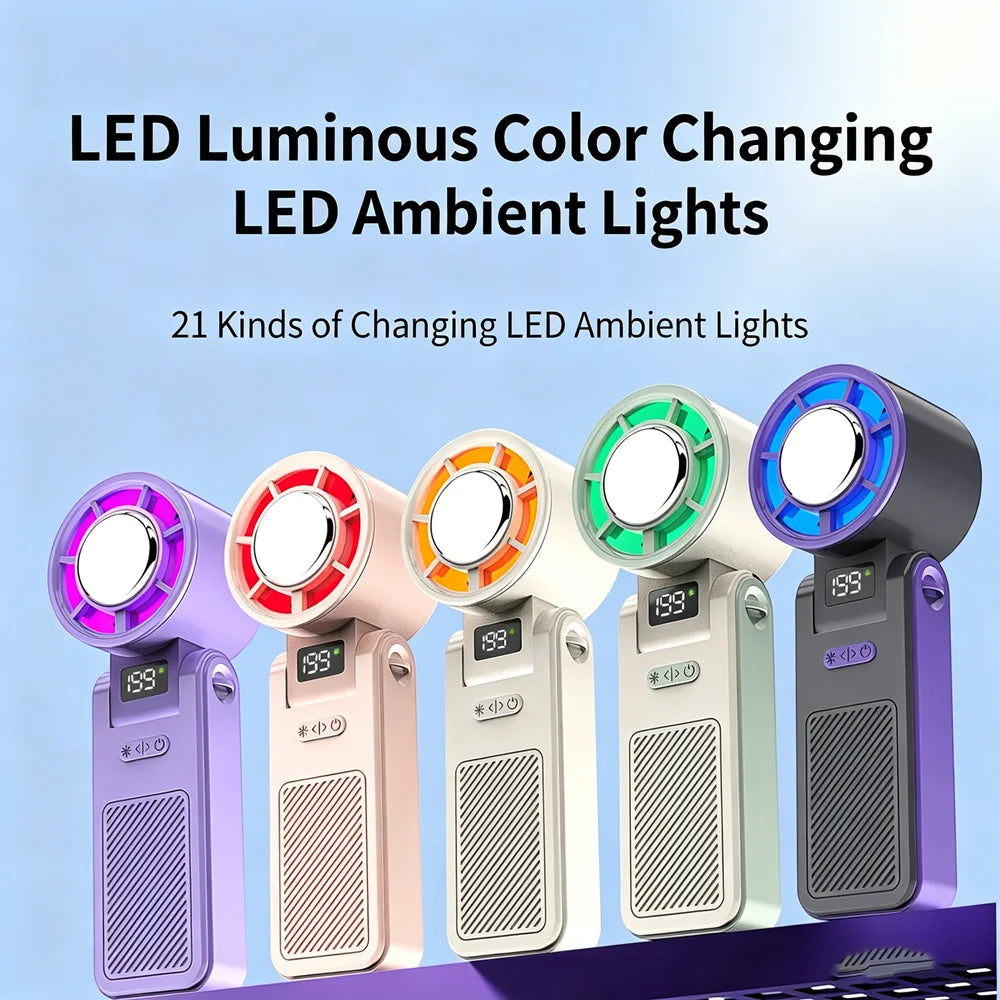 2026 New RGB Light Mini Handheld Fan Hanging Neck Outdoor 180 Degree Folding Desktop Folding High-speed Powerful Portable Fan
