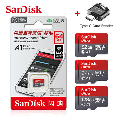 Original SanDisk A1 Memory Card 256GB 128GB 100MB/S 64GB 32GB Micro sd card Class 10 UHS-1 Flash Microsd TF + Type-C Card Reader