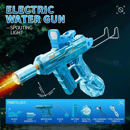 UZI Electric Water Gun with LED Light Recoil Long Range Continuous Shooting Water Blaster Summer Beach Outdoor Toy for Kids