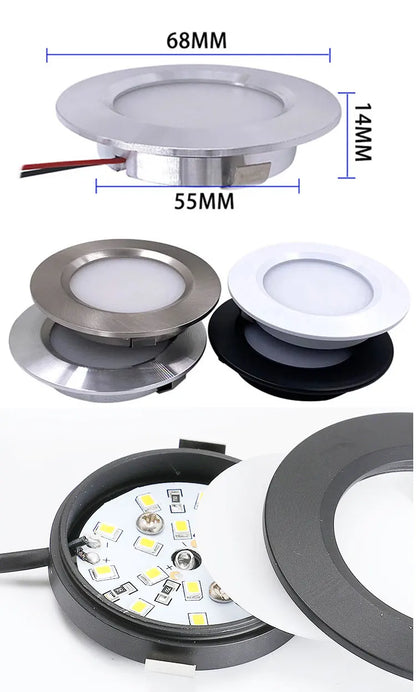4-Piece Ultra Thin 3W LED Downlight Embedded Cabinet Light Bulb 3W 12V DC Silver White Shell 55mm Hole Closet Yacht Light Lamp