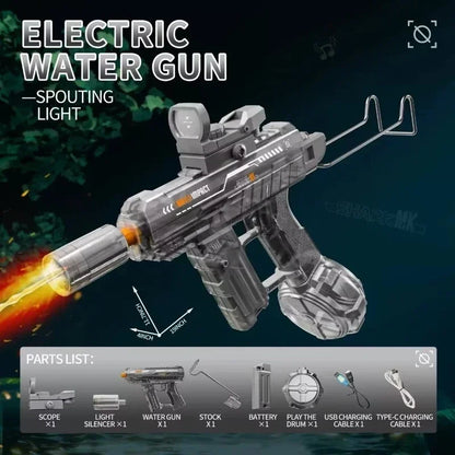 UZI Electric Water Gun with LED Light Recoil Long Range Continuous Shooting Water Blaster Summer Beach Outdoor Toy for Kids
