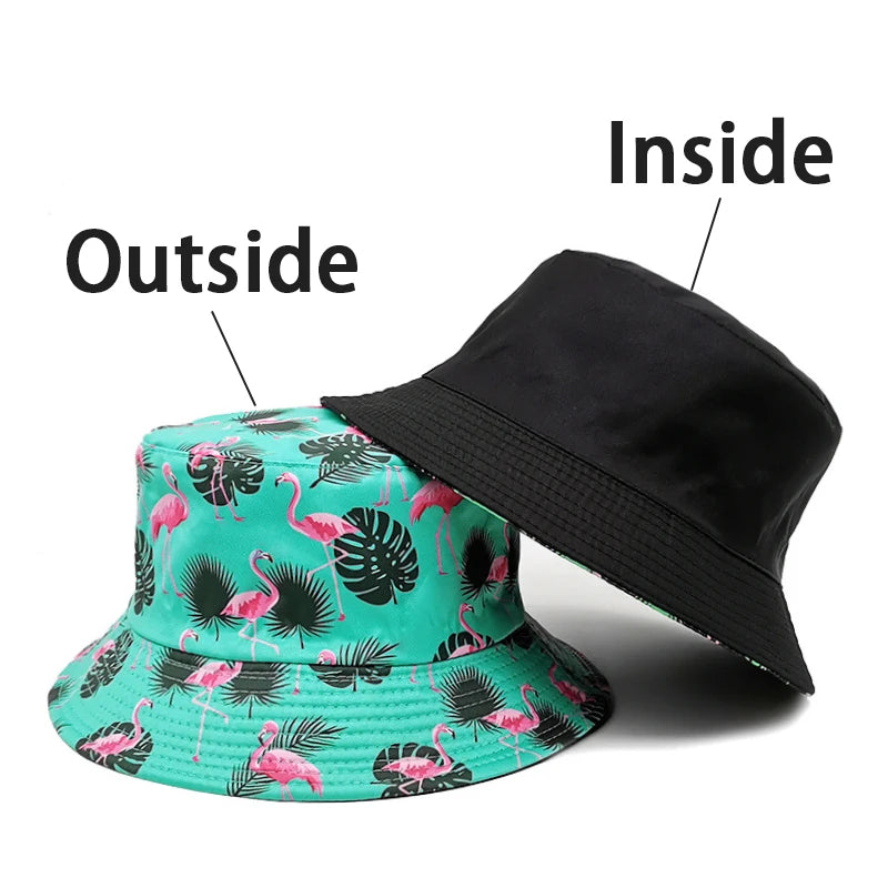 Bocca Flamingo Printing Bucket Hat Coconut Trees Printing Pattern Fisherman Hats Double Sides Panama Cap Summer Cap Hot Selling