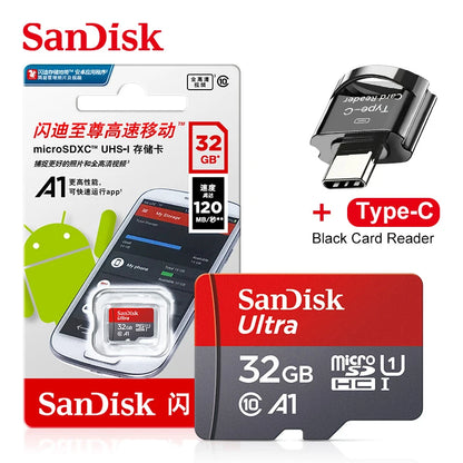 Original SanDisk A1 Memory Card 256GB 128GB 100MB/S 64GB 32GB Micro sd card Class 10 UHS-1 Flash Microsd TF + Type-C Card Reader
